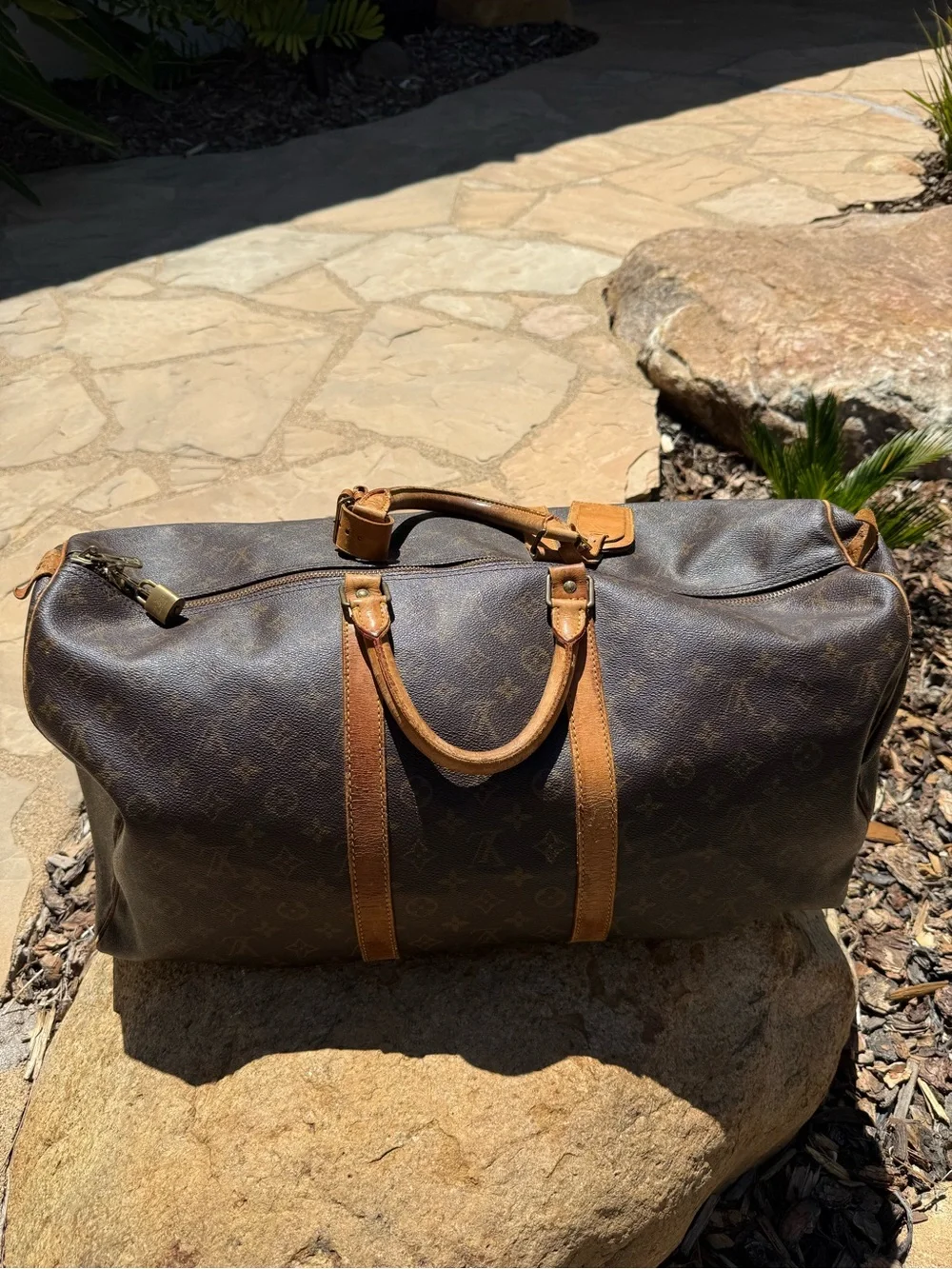 Authentic LOUIS VUITTON large duffel bag traveler tote w/ luggage tag lock